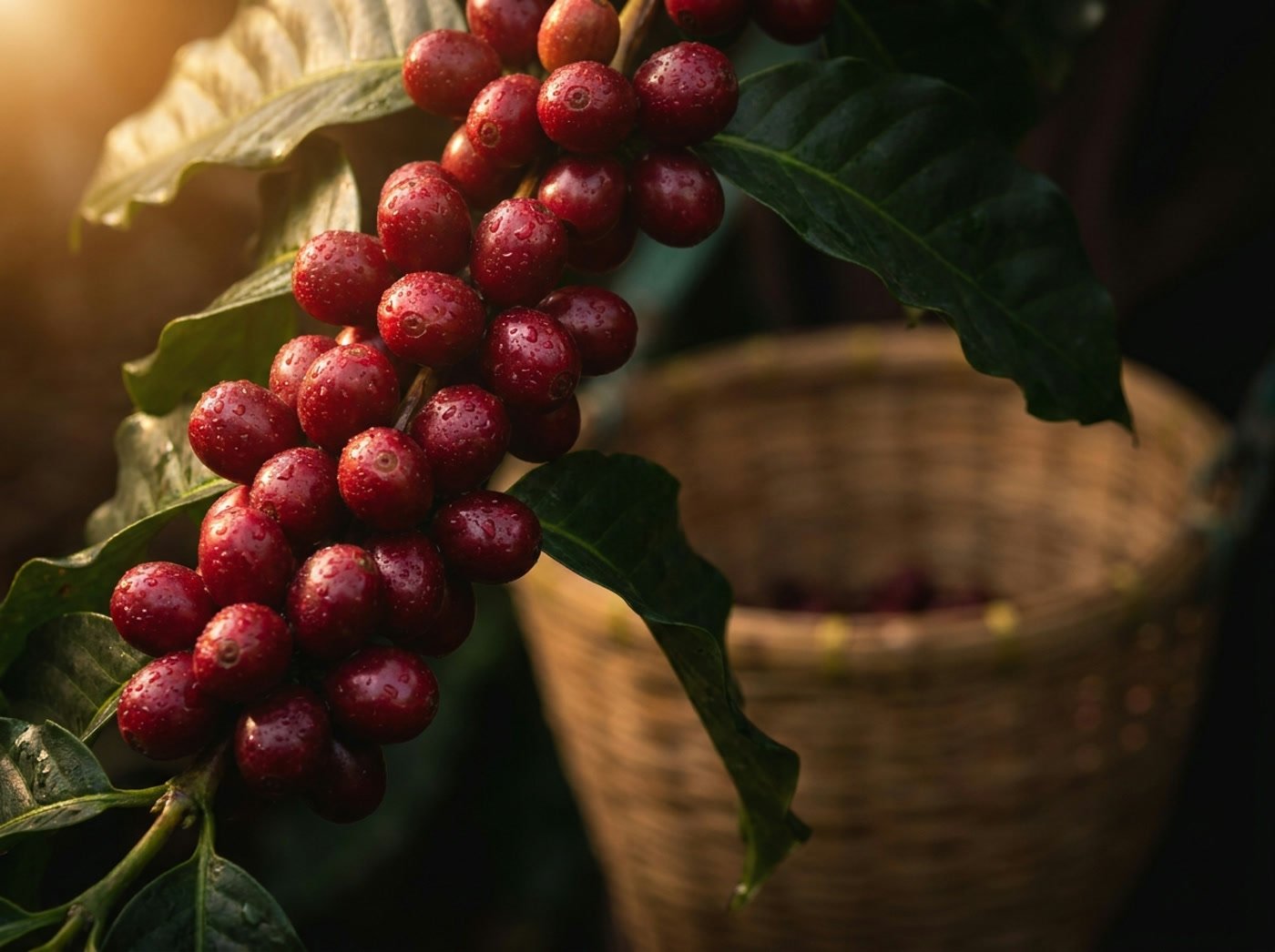 Ripe red coffee cherries on the branch