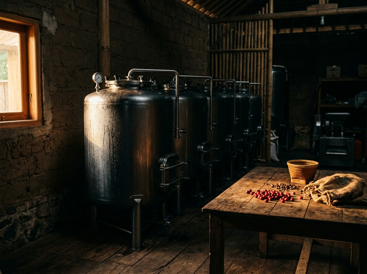 Sealed fermentation tanks in a dim processing room
